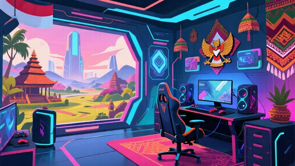 Futuristic gaming landscape with Indonesian cultural elements, modern gaming setup with local decorations, vibrant colors blending technology and tradition, professional esports atmosphere high quality illustration, detailed, 16:9