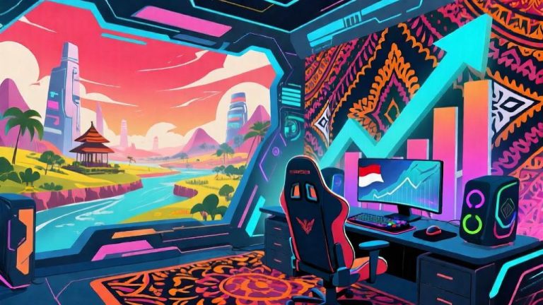 自动生成图片: Futuristic gaming landscape with Indonesian cultural elements, modern gaming setup with traditional batik patterns, vibrant colors blending technology and culture, dynamic composition showing growth trends high quality illustration, detailed, 16:9