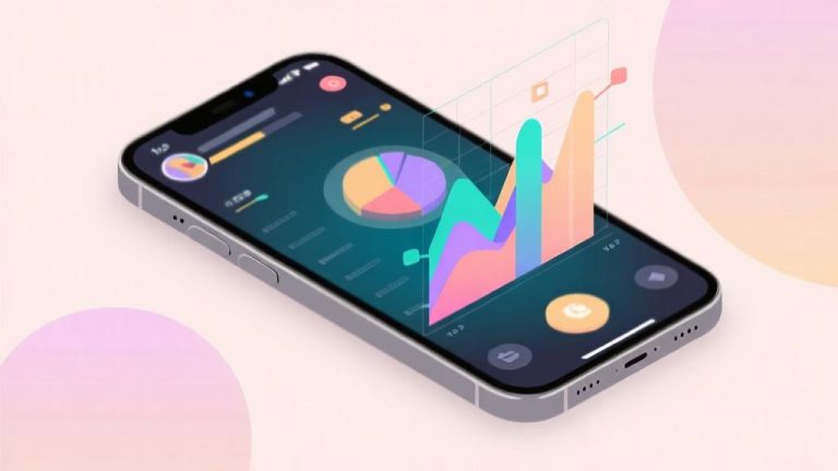 自动生成图片: Modern smartphone displaying colorful mobile game interface, abstract data visualization overlay in soft pastel colors, minimalist design with clean lines and geometric elements high quality illustration, detailed, 16:9