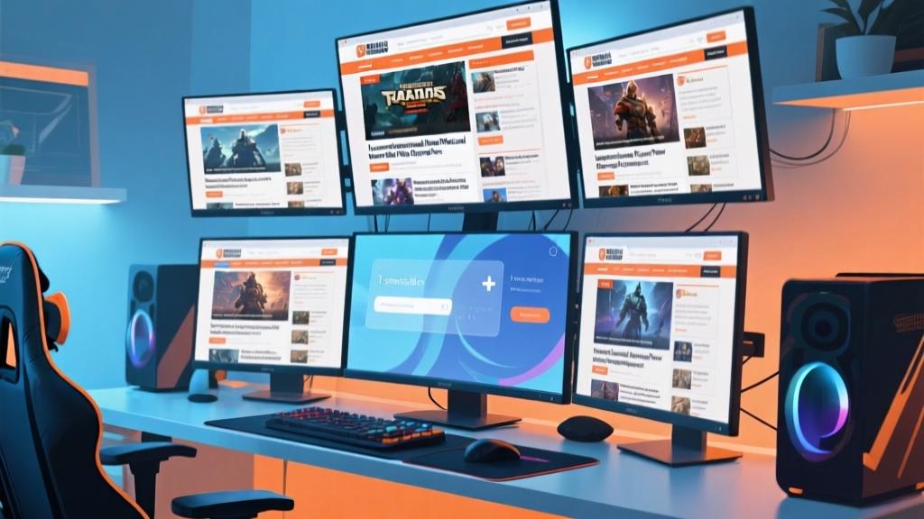 Modern gaming setup with multiple screens showing international gaming news websites, abstract translation interface overlay, soft blue and orange color scheme, clean digital aesthetic high quality illustration, detailed, 16:9