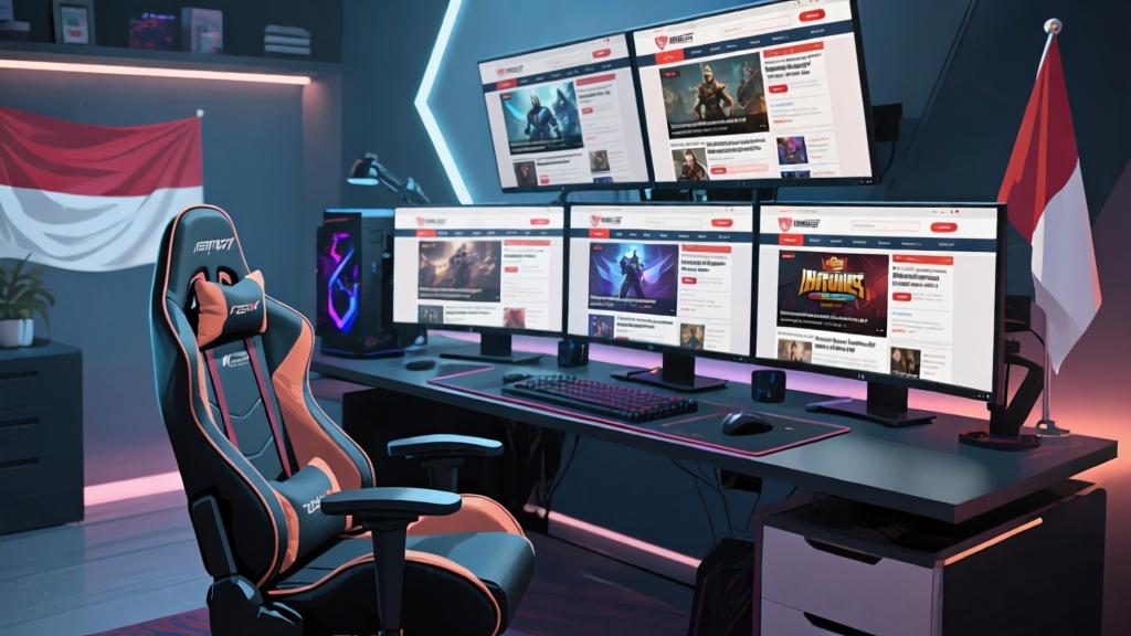 Modern gaming setup with multiple screens showing international gaming news websites, comfortable gaming chair, subtle Indonesian flag element, soft lighting, professional esports environment high quality illustration, detailed, 16:9