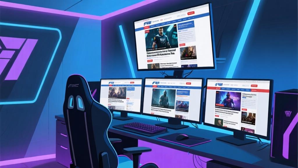 Modern gaming setup with multiple screens showing international gaming news websites, minimalist design with blue and purple accent lighting, professional esports atmosphere high quality illustration, detailed, 16:9