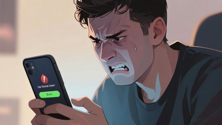 自动生成图片: Frustrated gamer looking at smartphone with game error message, soft lighting, muted color palette, realistic illustration style high quality illustration, detailed, 16:9