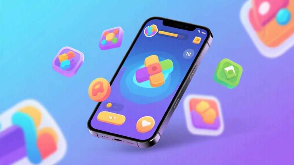 Modern smartphone displaying vibrant game interface, abstract colorful game icons floating around, soft gradient background in blue and purple tones, clean digital illustration style high quality illustration, detailed, 16:9