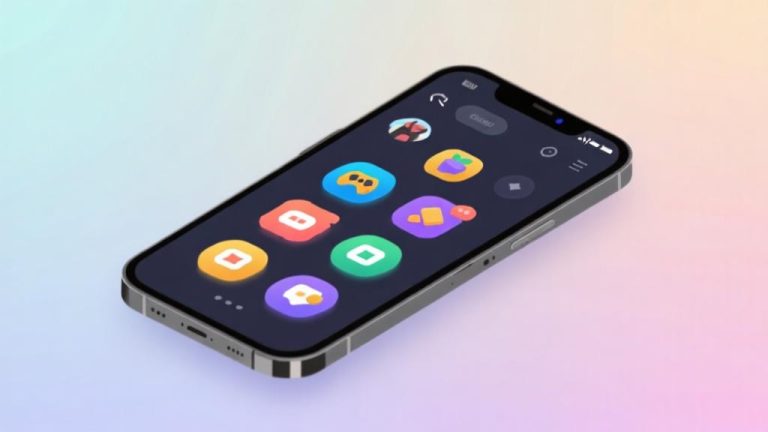 自动生成图片: Modern smartphone displaying colorful game icons, minimalist design with soft gradient background, professional gaming aesthetic, clean interface layout high quality illustration, detailed, 16:9