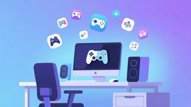 自动生成图片: Modern gaming setup with multiple game icons floating above a minimalist desk, soft blue and purple gradient background, clean professional illustration style high quality illustration, detailed, 16:9