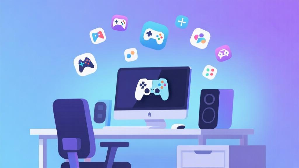 Modern gaming setup with multiple game icons floating above a minimalist desk, soft blue and purple gradient background, clean professional illustration style high quality illustration, detailed, 16:9