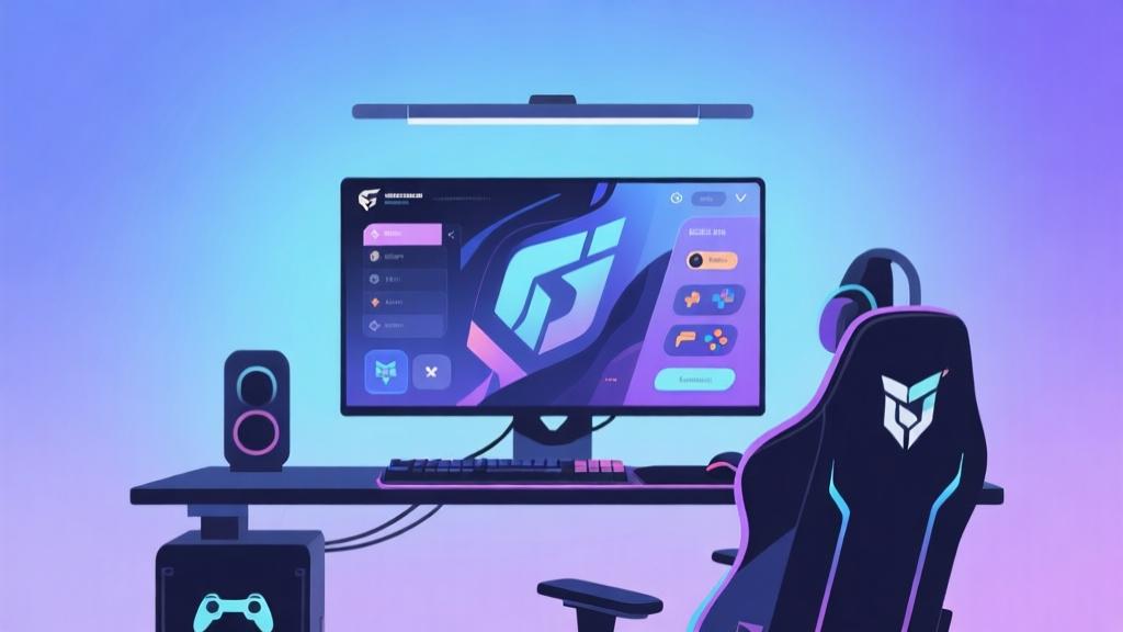 Modern gaming setup with abstract game interface elements, soft blue and purple gradient background, minimalist design style, professional esports atmosphere high quality illustration, detailed, 16:9