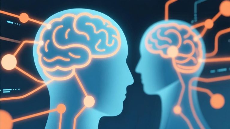 自动生成图片: Abstract illustration of connected minds with glowing network lines, soft blue and orange color scheme, modern minimal design, representing social connections and digital interaction high quality illustration, detailed, 16:9