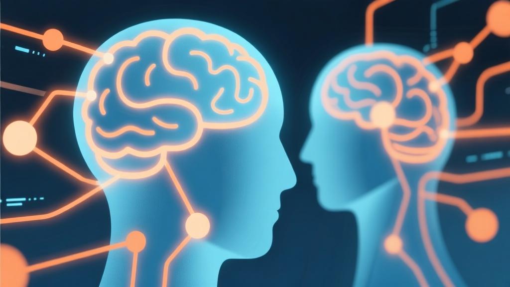 Abstract illustration of connected minds with glowing network lines, soft blue and orange color scheme, modern minimal design, representing social connections and digital interaction high quality illustration, detailed, 16:9