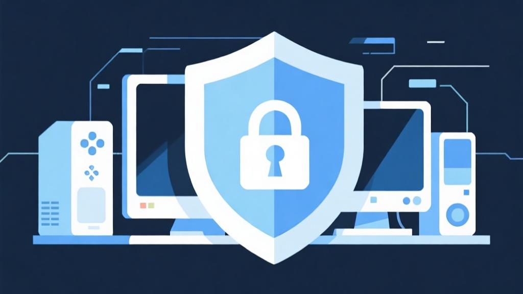 Abstract cybersecurity shield protecting gaming devices, soft blue and white color scheme, digital protection concept, minimal geometric design high quality illustration, detailed, 16:9