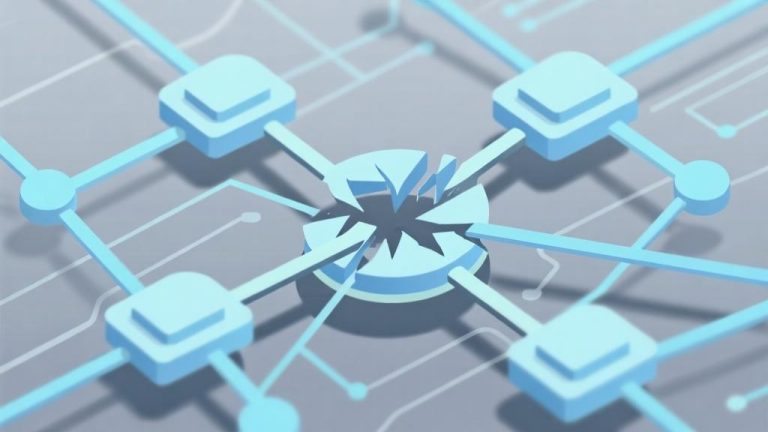 自动生成图片: Abstract network connection diagram showing disrupted links, soft blue and gray color palette, minimalist digital illustration, technology connectivity concept high quality illustration, detailed, 16:9