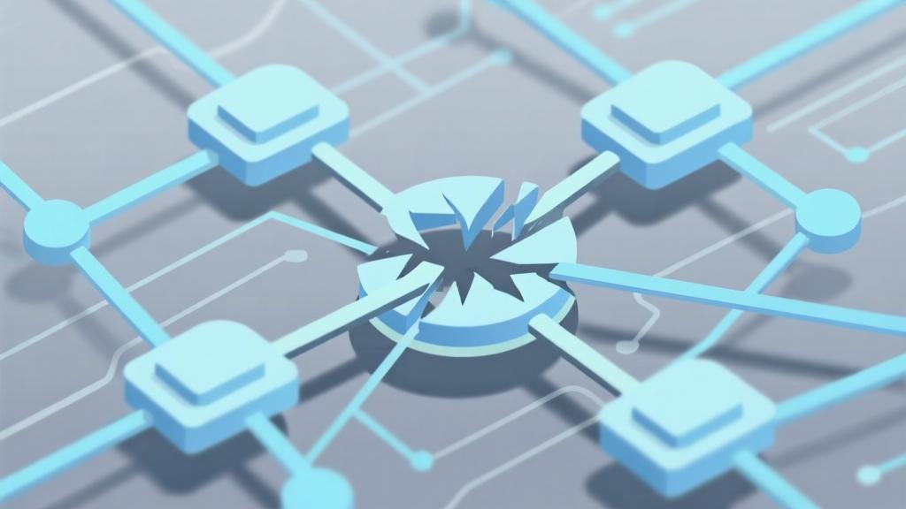 Abstract network connection diagram showing disrupted links, soft blue and gray color palette, minimalist digital illustration, technology connectivity concept high quality illustration, detailed, 16:9