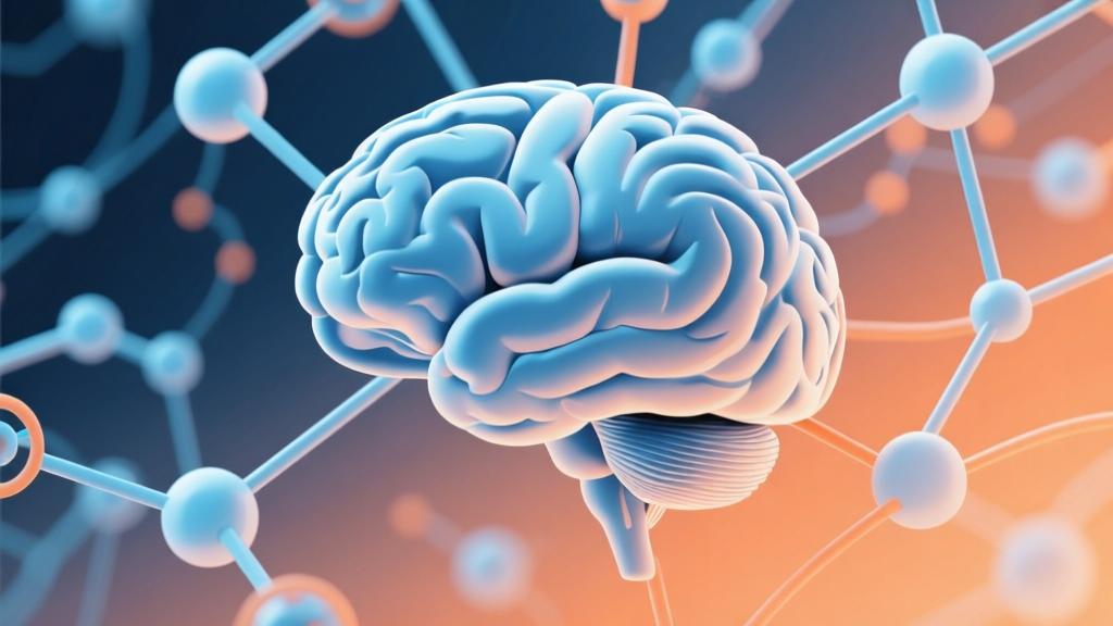 Abstract brain network visualization with connected nodes and pathways, soft blue and orange gradient colors, modern scientific illustration style, cognitive development concept high quality illustration, detailed, 16:9