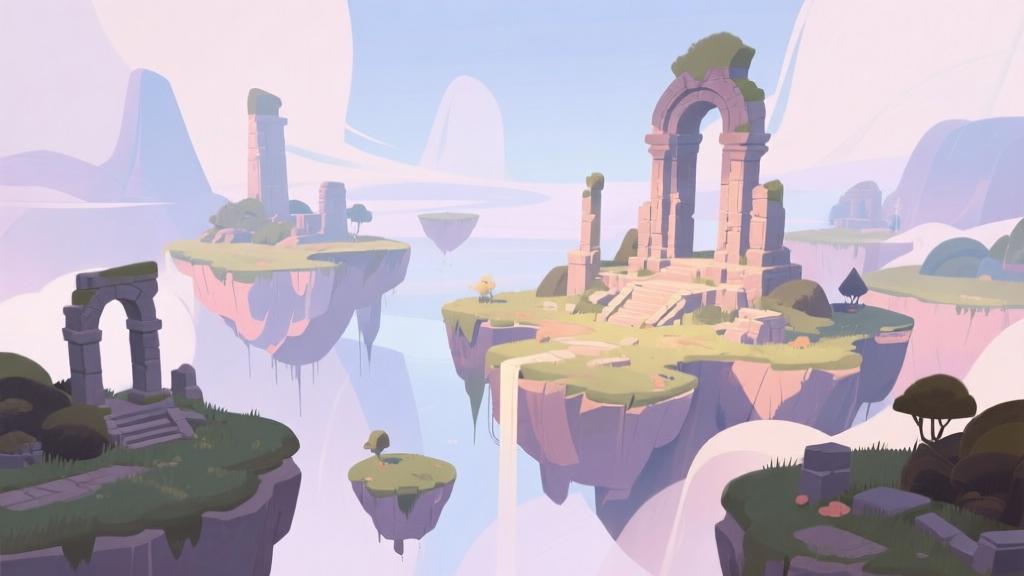 Abstract landscape of new game region with floating islands and ancient ruins, soft pastel color palette, mystical atmosphere, digital art style with clean lines high quality illustration, detailed, 16:9