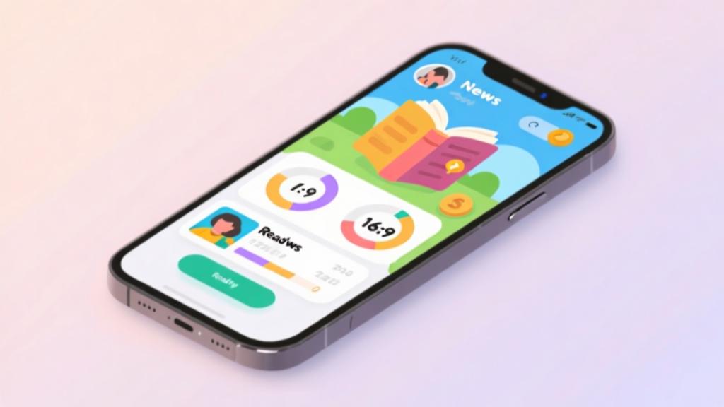 Modern smartphone displaying colorful news game interface with reading statistics, soft pastel background, clean minimalist design, educational app concept high quality illustration, detailed, 16:9
