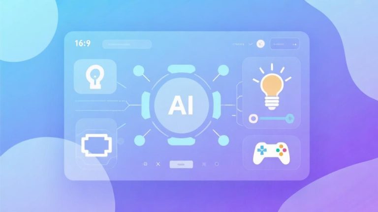 自动生成图片: Modern digital interface showing AI tools integration with gaming elements, soft blue and purple gradient background, minimalist design with abstract shapes representing creativity and technology high quality illustration, detailed, 16:9