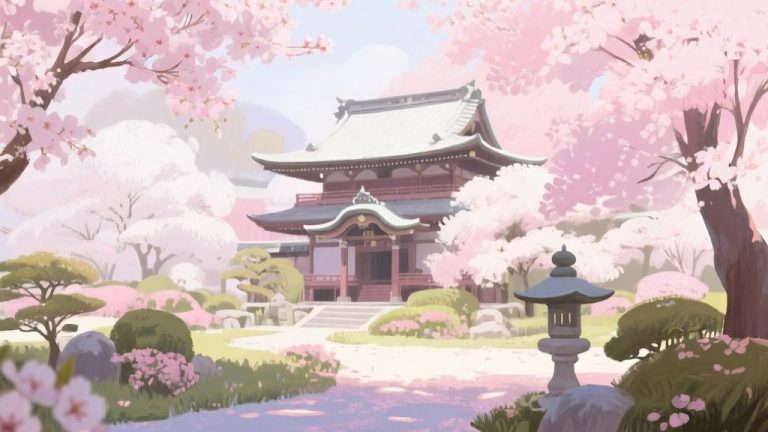自动生成图片: Beautiful Japanese sakura garden with traditional architecture, soft pink and white color palette, serene atmosphere, digital painting style with gentle lighting high quality illustration, detailed, 16:9