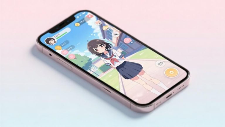 自动生成图片: Modern smartphone displaying vibrant anime-style school simulation game, soft pastel colors, clean interface with Japanese aesthetic elements, minimalist composition high quality illustration, detailed, 16:9