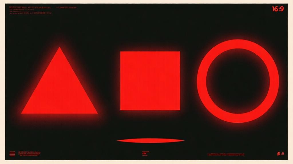A stylized, minimalist poster for a dystopian game show, featuring the iconic triangle, square, and circle shapes in red on a dark background, creating a sense of mystery and anticipation high quality illustration, detailed, 16:9