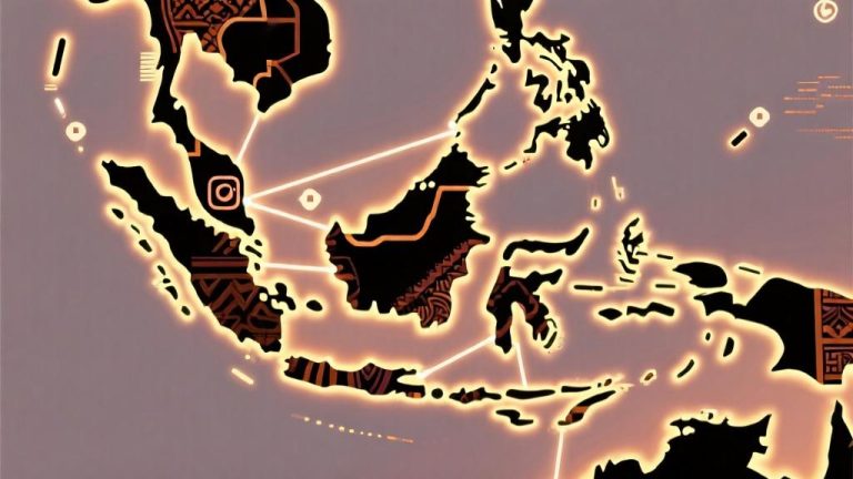 自动生成图片: Abstract visualization of digital culture spreading across Indonesian archipelago, glowing network connections between islands, modern minimalist style with warm colors, social media icons integrated with traditional patterns high quality illustration, detailed, 16:9