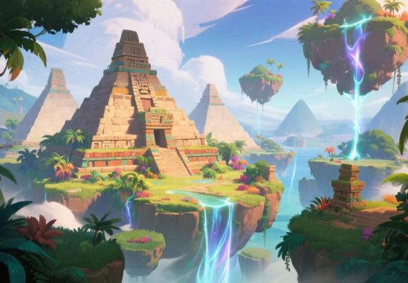 自动生成图片: Epic fantasy landscape of new Xanadu region in Genshin Impact style, ancient Mesoamerican-inspired pyramids and floating islands, vibrant tropical vegetation, magical energy streams, dynamic lighting -v 6.0 high quality illustration, detailed, 16:9