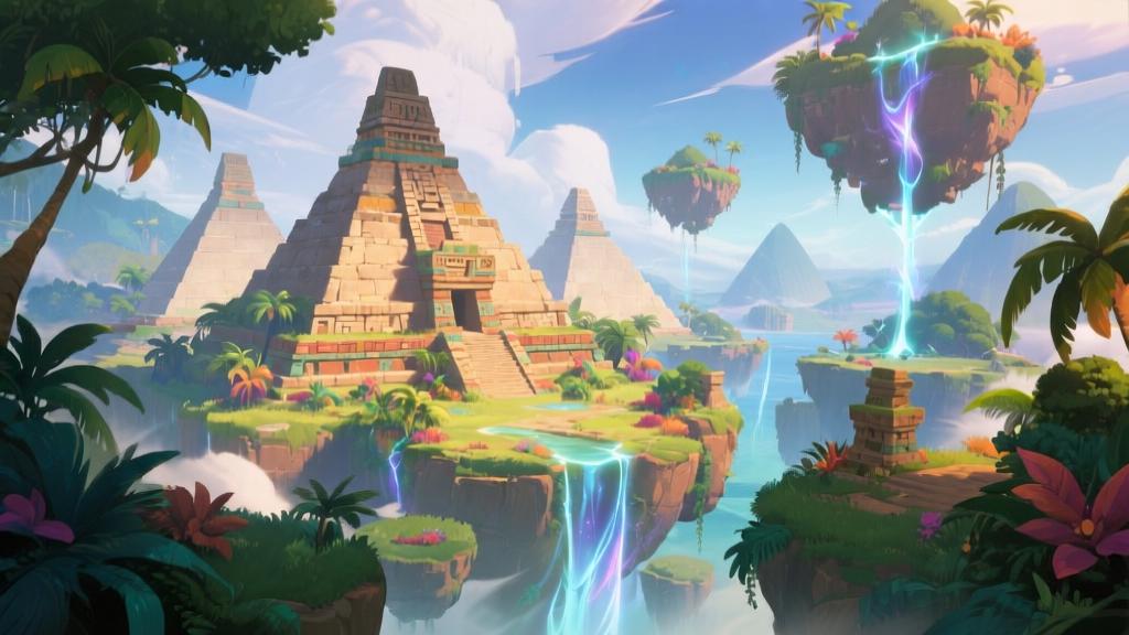 Epic fantasy landscape of new Xanadu region in Genshin Impact style, ancient Mesoamerican-inspired pyramids and floating islands, vibrant tropical vegetation, magical energy streams, dynamic lighting -v 6.0 high quality illustration, detailed, 16:9