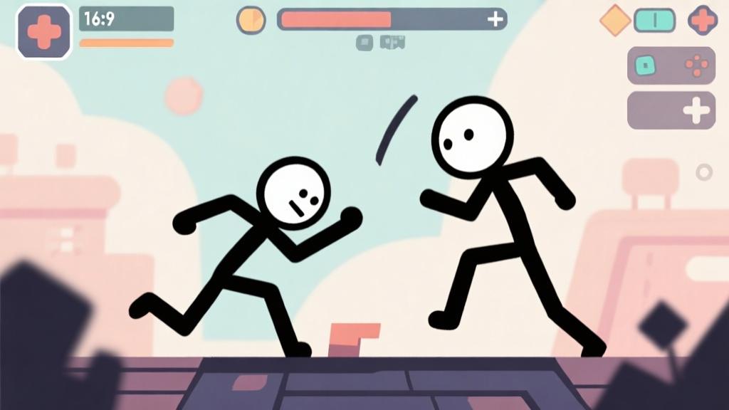 Modern stickman game characters in dynamic action poses, minimalist design with detailed background, soft color palette, gaming interface elements, professional game illustration style high quality illustration, detailed, 16:9