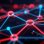 自动生成图片: Abstract digital network visualization with glowing connections, dark background with vibrant red and blue accents, modern streaming service concept, dynamic composition high quality illustration, detailed, 16:9