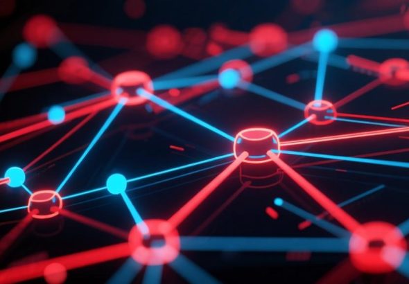自动生成图片: Abstract digital network visualization with glowing connections, dark background with vibrant red and blue accents, modern streaming service concept, dynamic composition high quality illustration, detailed, 16:9