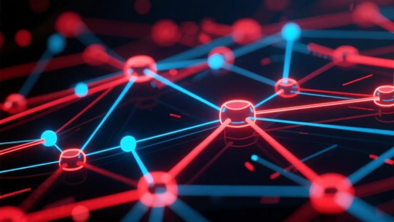 自动生成图片: Abstract digital network visualization with glowing connections, dark background with vibrant red and blue accents, modern streaming service concept, dynamic composition high quality illustration, detailed, 16:9