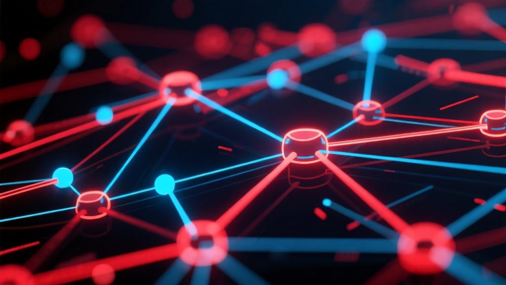 Abstract digital network visualization with glowing connections, dark background with vibrant red and blue accents, modern streaming service concept, dynamic composition high quality illustration, detailed, 16:9