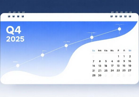 自动生成图片: Minimalist calendar design with highlighted Q4 2025 section, soft gradient background in blue and white tones, clean typography, abstract timeline visualization high quality illustration, detailed, 16:9