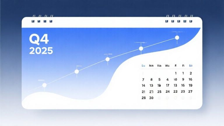 自动生成图片: Minimalist calendar design with highlighted Q4 2025 section, soft gradient background in blue and white tones, clean typography, abstract timeline visualization high quality illustration, detailed, 16:9