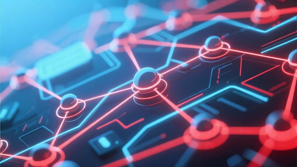 Abstract network of connected nodes with glowing lines, soft blue and red color scheme, modern digital art style, representing social connections and game dynamics high quality illustration, detailed, 16:9