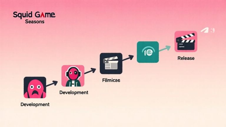 自动生成图片: Timeline visualization showing production phases for Squid Game seasons, with connected nodes representing development, filming, and release stages, minimalist design with soft gradient colors high quality illustration, detailed, 16:9