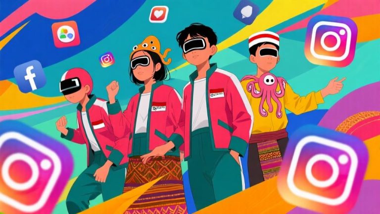自动生成图片: Abstract illustration of Indonesian youth in Squid Game inspired costumes, vibrant colors mixed with traditional elements, modern pop culture fusion, dynamic composition with social media icons floating around high quality illustration, detailed, 16:9