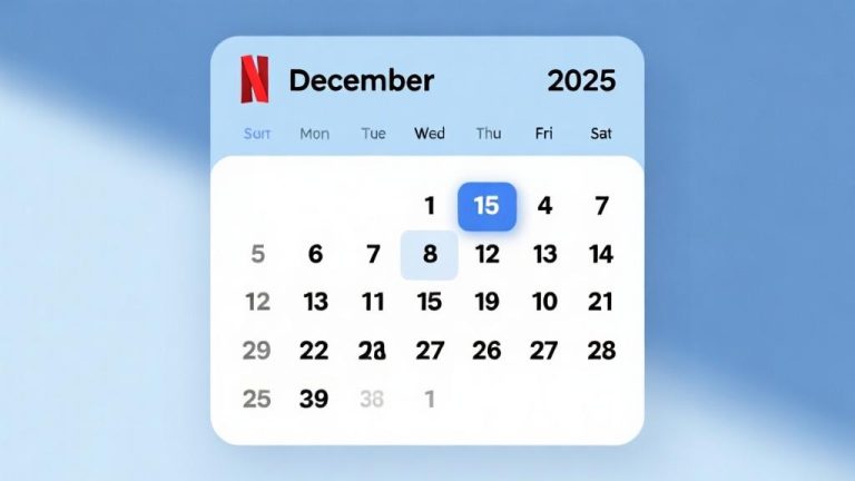 自动生成图片: Modern calendar interface showing December 2025 with 15th date highlighted, soft blue and white color scheme, minimalist design with subtle Netflix logo, clean typography high quality illustration, detailed, 16:9
