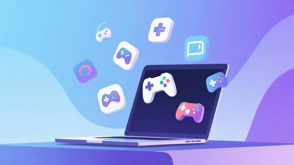 Modern gaming setup with multiple game icons floating above a laptop, soft blue and purple gradient background, minimalist design, abstract gaming concept illustration high quality illustration, detailed, 16:9