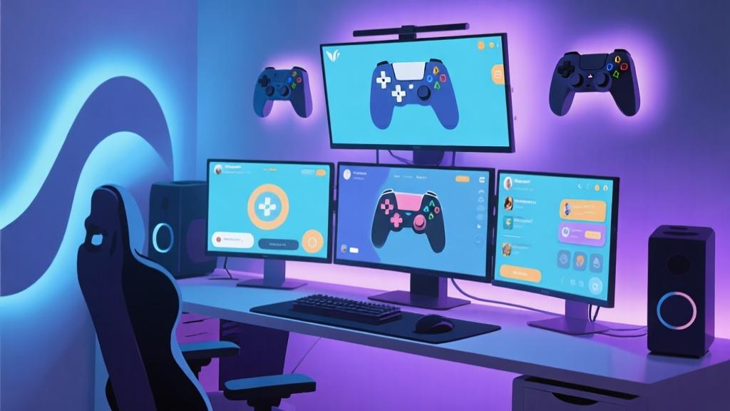 Modern gaming setup with multiple screens showing different game interfaces, soft blue and purple lighting, minimalist design, abstract game controller elements high quality illustration, detailed, 16:9