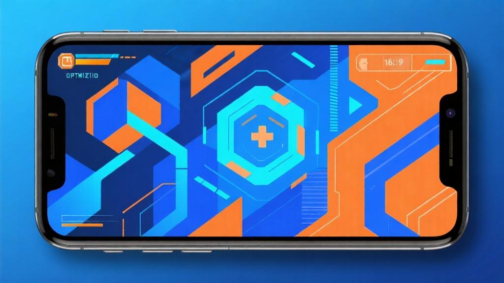 Modern smartphone displaying vibrant game graphics, abstract geometric shapes representing game optimization, blue and orange color scheme, clean technological aesthetic high quality illustration, detailed, 16:9