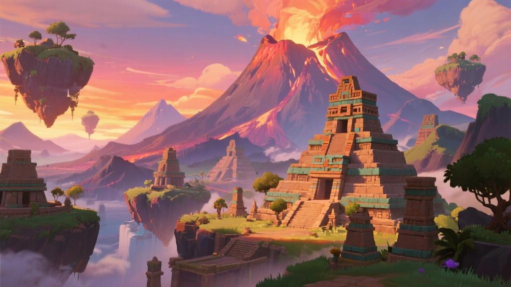 Epic landscape of Natlan region in Genshin Impact style, volcanic mountains with floating islands, vibrant sunset colors, ancient Mesoamerican-inspired architecture, fantasy game environment high quality illustration, detailed, 16:9