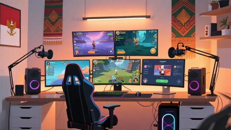 自动生成图片: Modern gaming setup with multiple monitors showing different game interfaces, Indonesian cultural elements in the background, warm lighting, professional streaming equipment, minimalist composition high quality illustration, detailed, 16:9