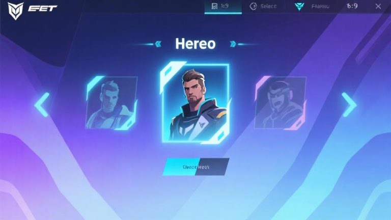 自动生成图片: Abstract gaming interface showing hero selection screen with glowing elements, soft blue and purple gradient background, modern esports design, minimalist composition high quality illustration, detailed, 16:9
