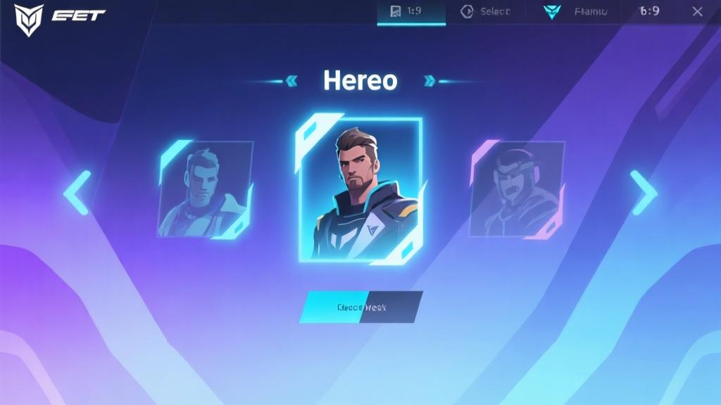 Abstract gaming interface showing hero selection screen with glowing elements, soft blue and purple gradient background, modern esports design, minimalist composition high quality illustration, detailed, 16:9