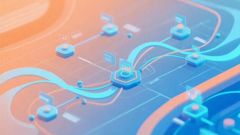 自动生成图片: Abstract esports strategy visualization with interconnected nodes and flowing lines, soft blue and orange gradient background, modern gaming aesthetic, professional data analysis concept high quality illustration, detailed, 16:9