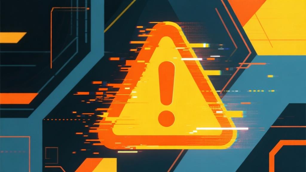 Abstract warning sign with exclamation mark in orange and yellow colors, digital glitch effect, cybersecurity concept, minimal design with geometric shapes high quality illustration, detailed, 16:9
