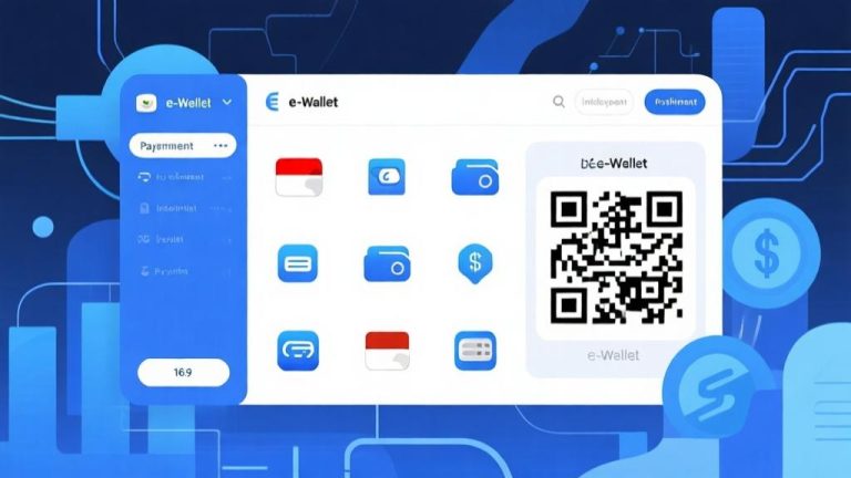 自动生成图片: Modern digital payment interface showing various Indonesian e-wallet icons and QR code payment, clean minimalist design with blue and white color scheme, abstract financial technology concept high quality illustration, detailed, 16:9
