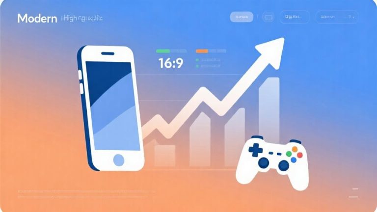 自动生成图片: Modern infographic showing upward trend chart with smartphone and game controller icons, soft blue and orange gradient background, clean data visualization style, professional presentation high quality illustration, detailed, 16:9