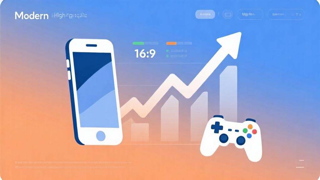 Modern infographic showing upward trend chart with smartphone and game controller icons, soft blue and orange gradient background, clean data visualization style, professional presentation high quality illustration, detailed, 16:9